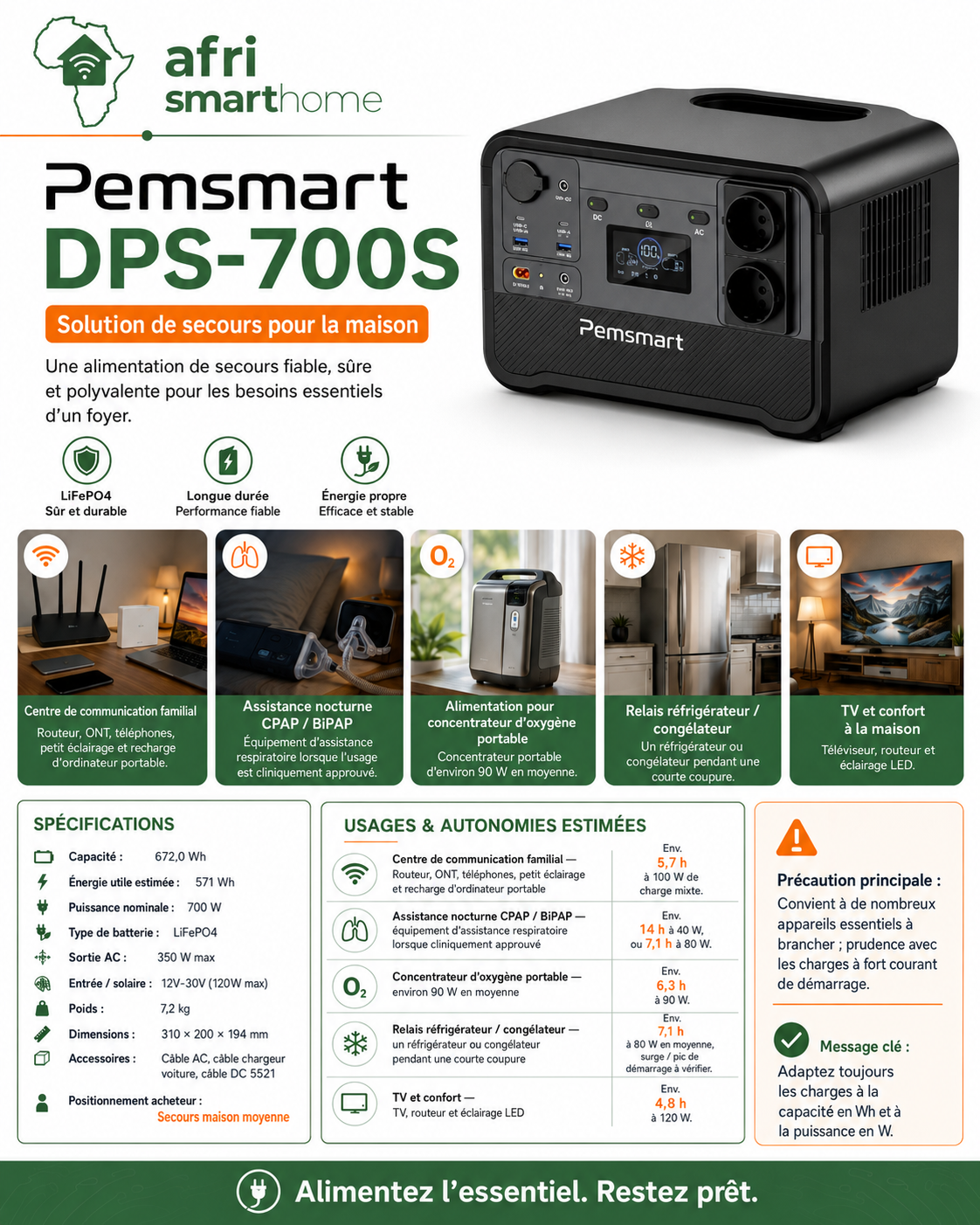 Pemsmart DPS-700S Portable Power Station - 700W, 672Wh LiFePO4